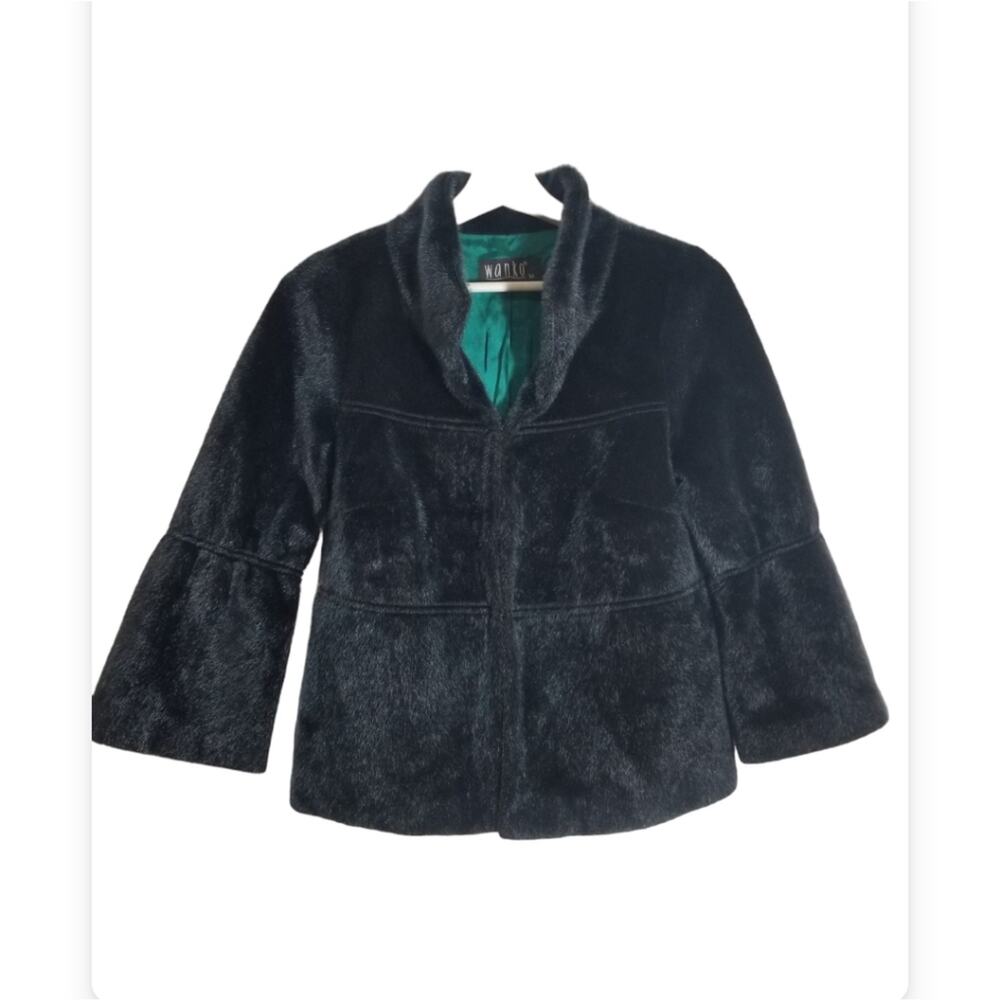 Wanko Dark Green Faux Fur Flare Sleeve Jacket Coat Shiny Metallic Thread Small